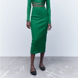 NWT ZARA RIBBED MIDI SKIRT GREEN Sz XL